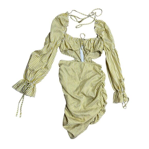 Prettylittlething Chartreuse Gingham Cut Out Ruched Bodycon Puff Sleeve Dress - Picture 4 of 8